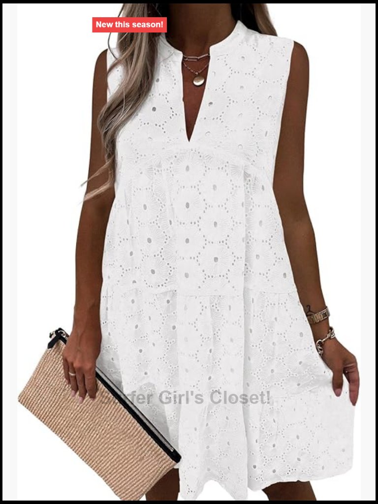 Eyelet Lace Sleeveless V Neck Mini Sundress Babydoll Hollow Out Swing Casual